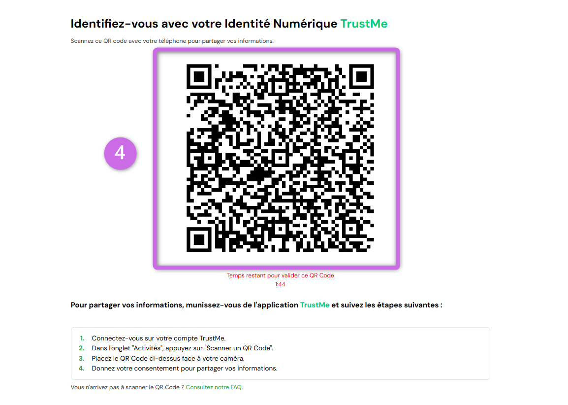 Étape 4 : QR code à scanner avec l'application TrustMe