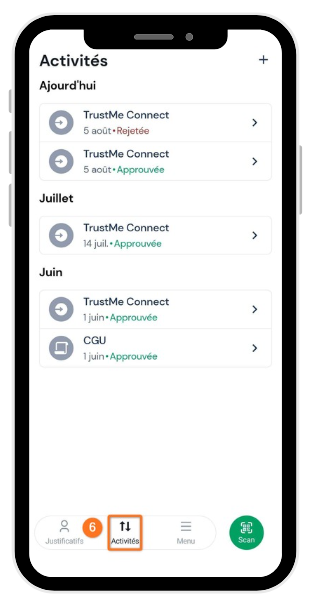 Étape 6 : onglet Activités listant les partages